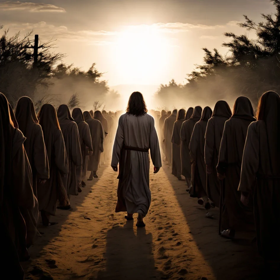 Jesus leading lines of followers