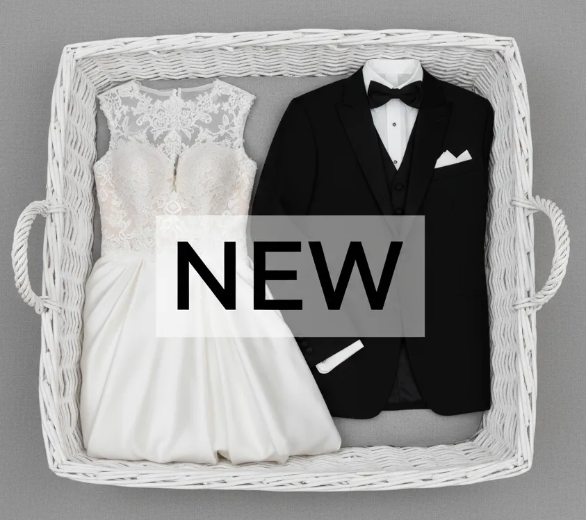 Vision of White basket with brides dress and grooms tux and the words New