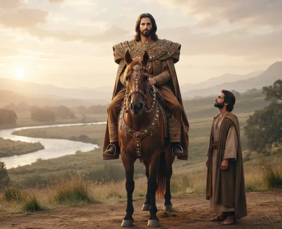 Vision of Jesus on brown horse with wide shoulders